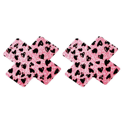 Nipple Pasties - Pink Glitter With Black Hearts Crosses