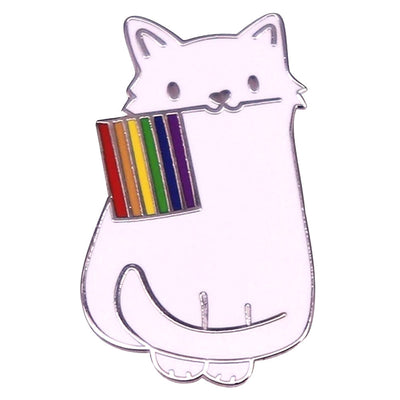 White Cat Holding Pride Flag Enamel Pin