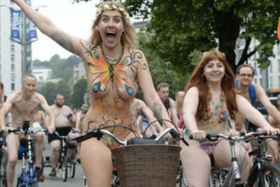 Donating glitter for the World Naked Bike Ride in Bristol