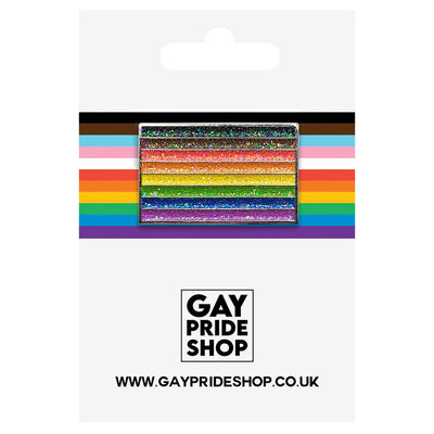 8 Colour Rainbow (Black & Brown Stripes) Metal Rectangle Lapel Pin Badge - Glitter Version