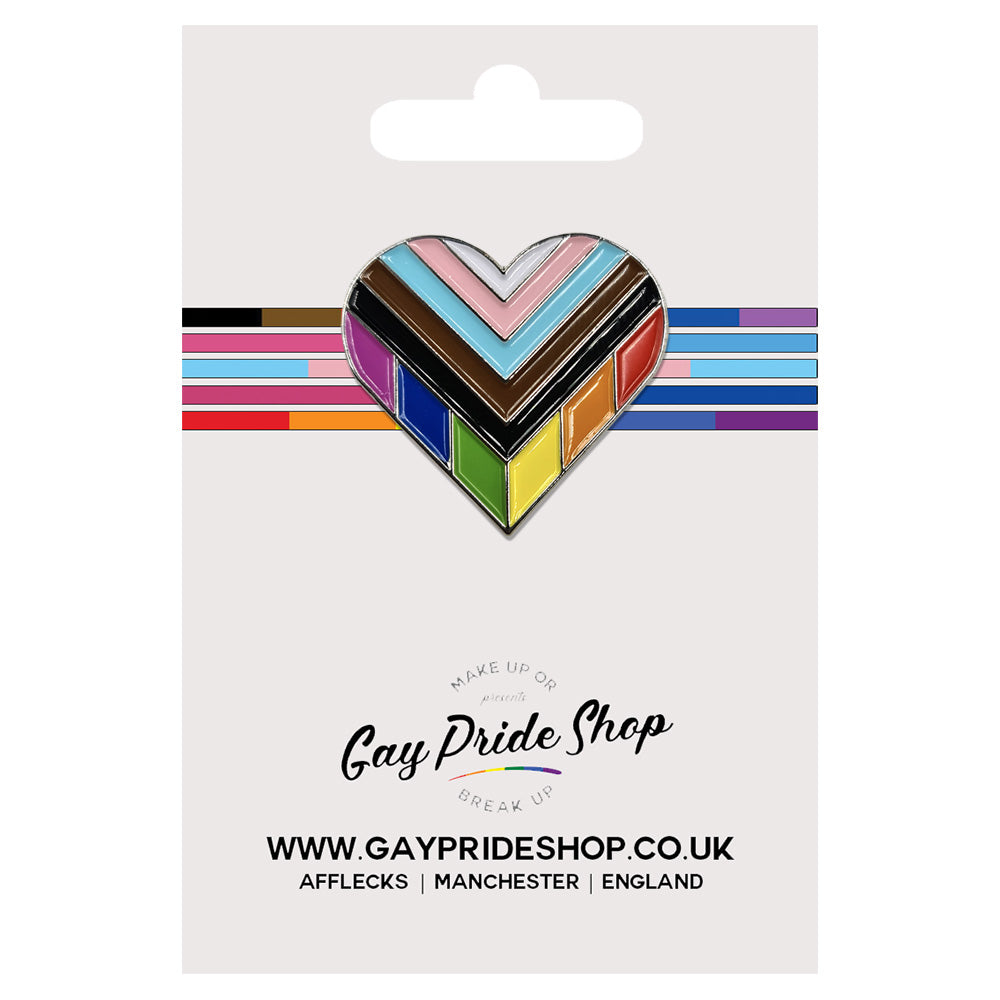 Progress Pride Flag Silver Metal Heart Lapel Pin Badge