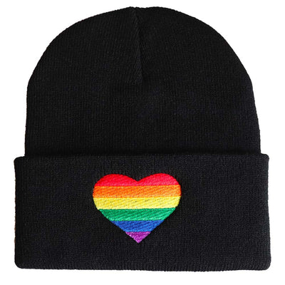Embroidered Rainbow Heart Beanie Hat - Black
