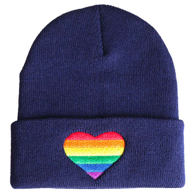 Embroidered Rainbow Heart Beanie Hat - Blue