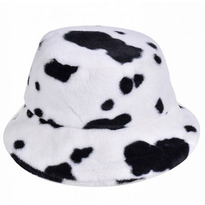 Cow Print Fluffy Bucket Hat - Black & White