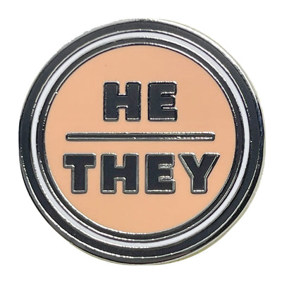 Pronoun He/They Round Metal & Enamel Pin (Peach)