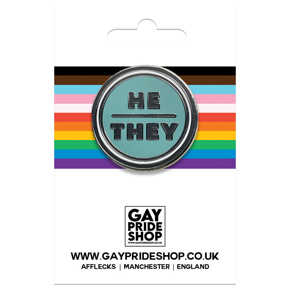 Pronoun He/They Round Metal & Enamel Pin (Turquoise)