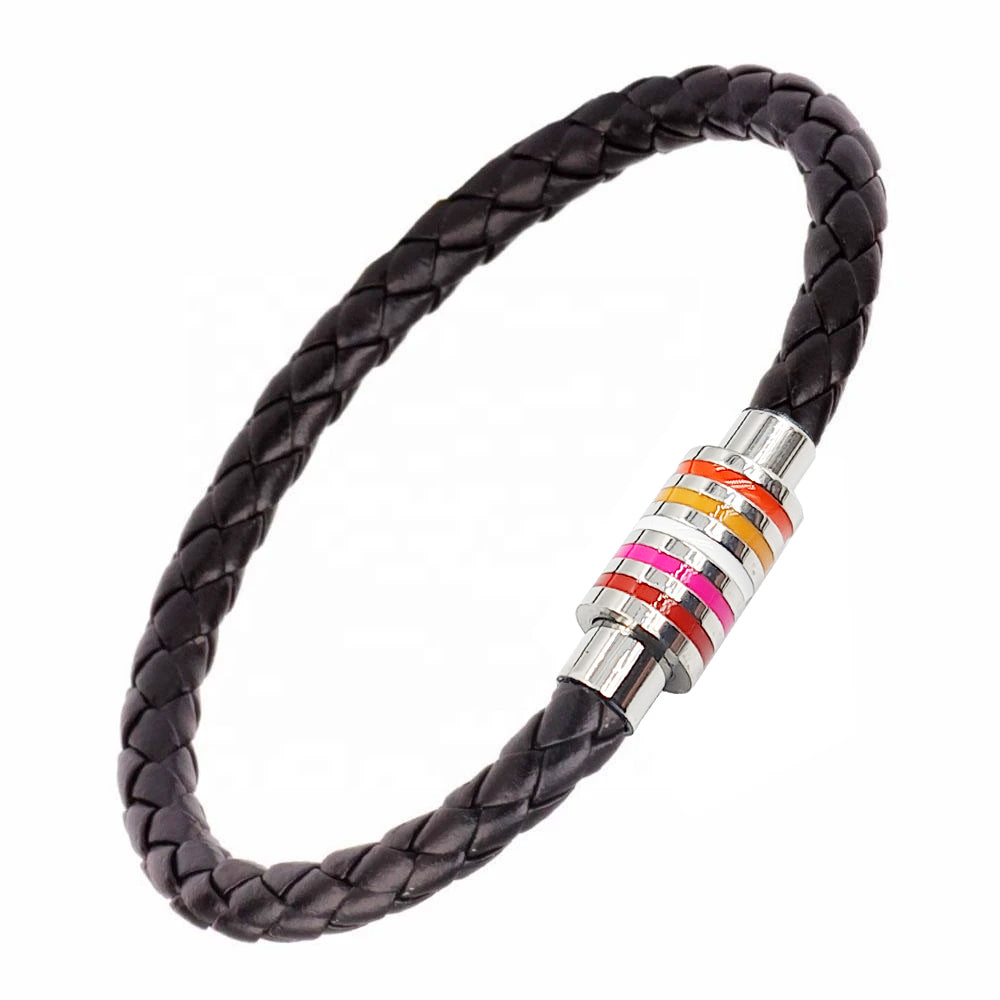 5 Colour Lesbian Flag (Orange/Pink) Magnetic Bracelet (Black Leather/Silver Clasp)