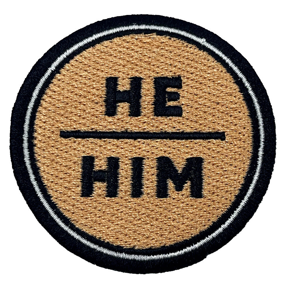 Pronoun He/Him Round Iron-On Embroidered Patch (Peach)