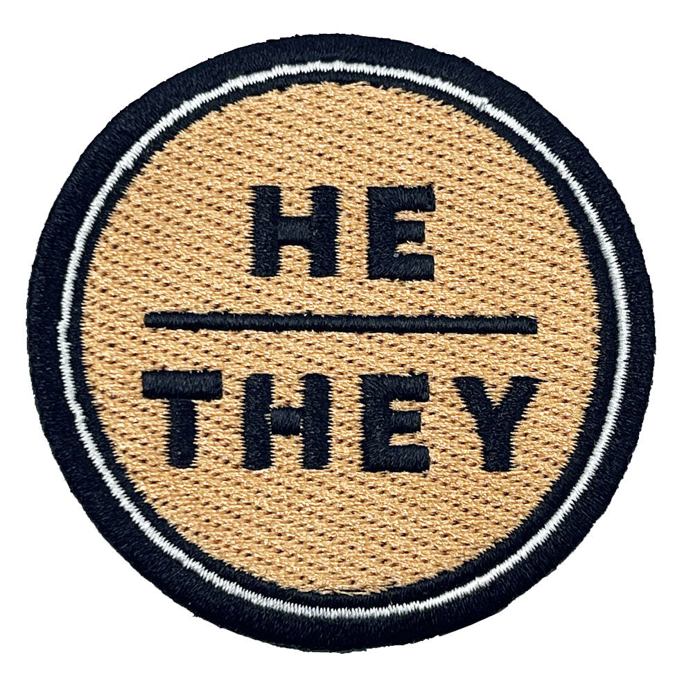 Pronoun He/They Round Iron-On Embroidered Patch (Peach)