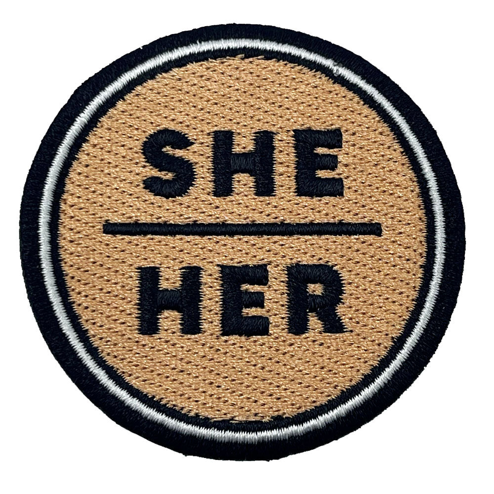 Pronoun She/Her Round Iron-On Embroidered Patch (Peach)