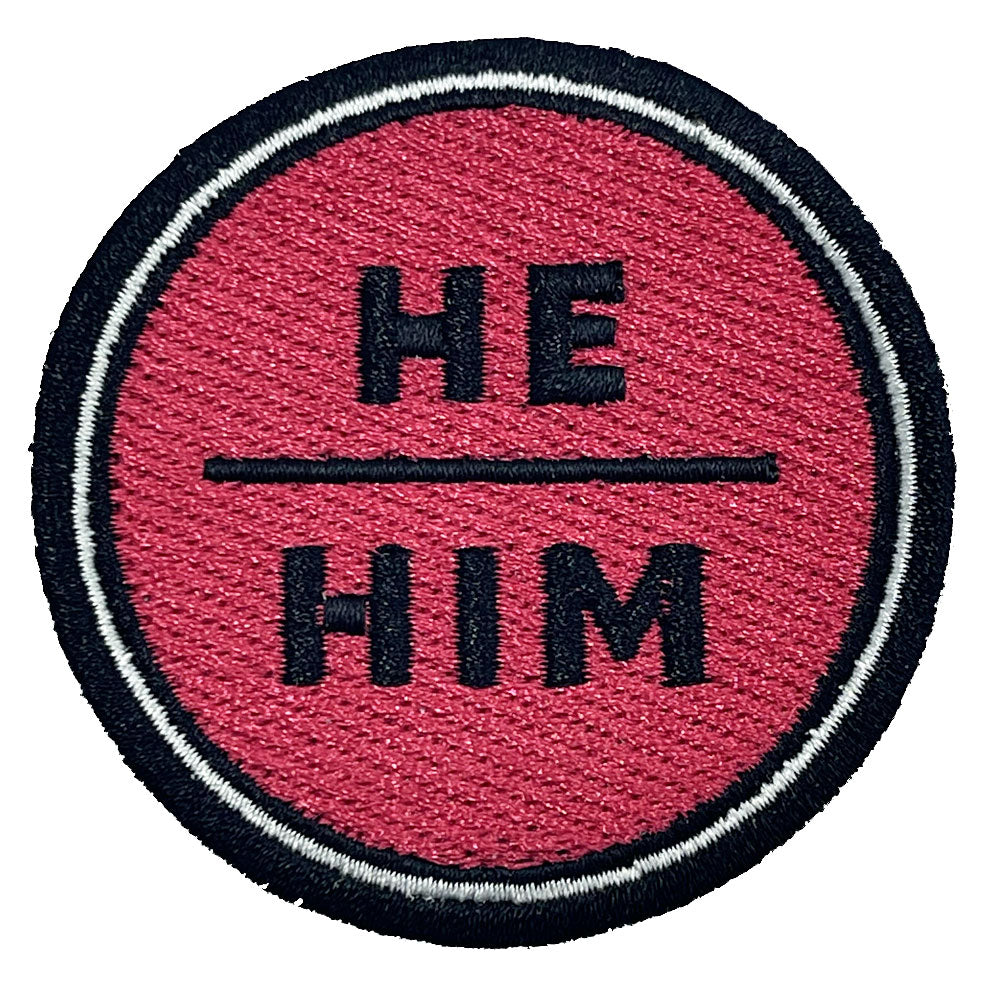 Pronoun He/Him Round Iron-On Embroidered Patch (Red)