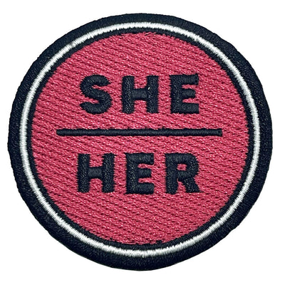Pronoun She/Her Round Embroidered Patch (Red)
