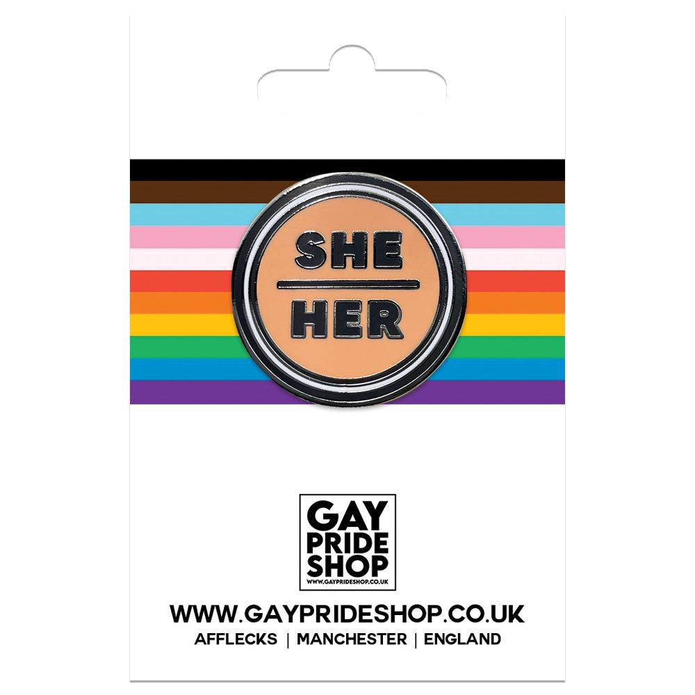 Pronoun She/Her Round Metal & Enamel Pin (Peach)