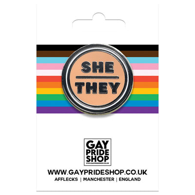 Pronoun She/They Round Metal & Enamel Pin (Peach)