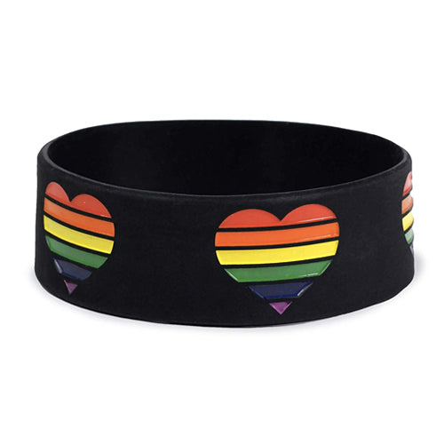 Gay Pride Rainbow Hearts Black Silicone Wristband Large