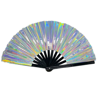 Holographic Bamboo Cracking Fan - Large 33cm (Silver)