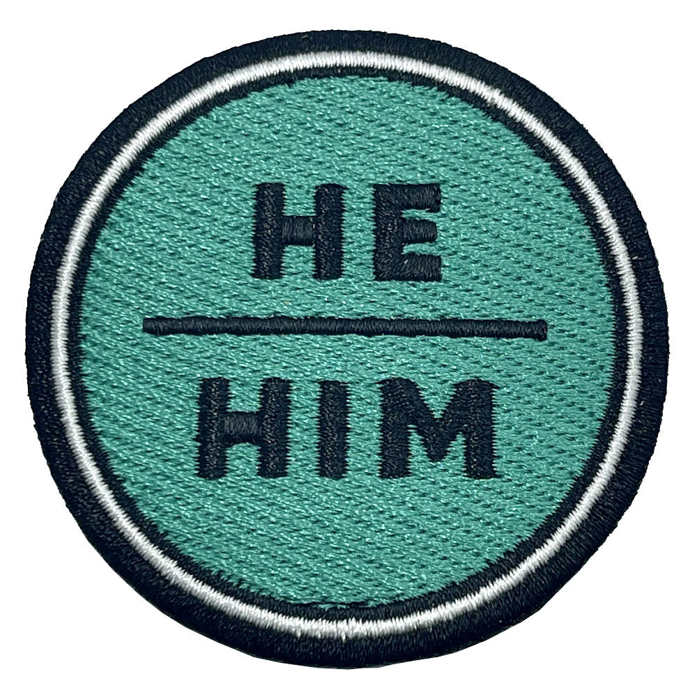 Pronoun He/Him Round Iron-On Embroidered Patch (Turquoise)