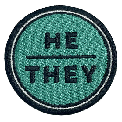 Pronoun He/They Round Iron-On Embroidered Patch (Turquoise)
