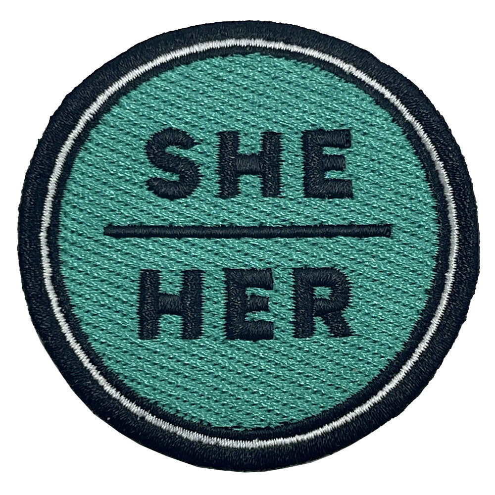 Pronoun She/Her Round Iron-On Embroidered Patch (Turquoise)