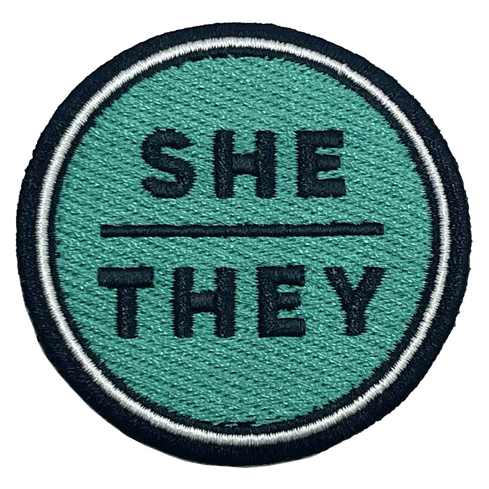 Pronoun She/They Round Iron-On Embroidered Patch (Turquoise)