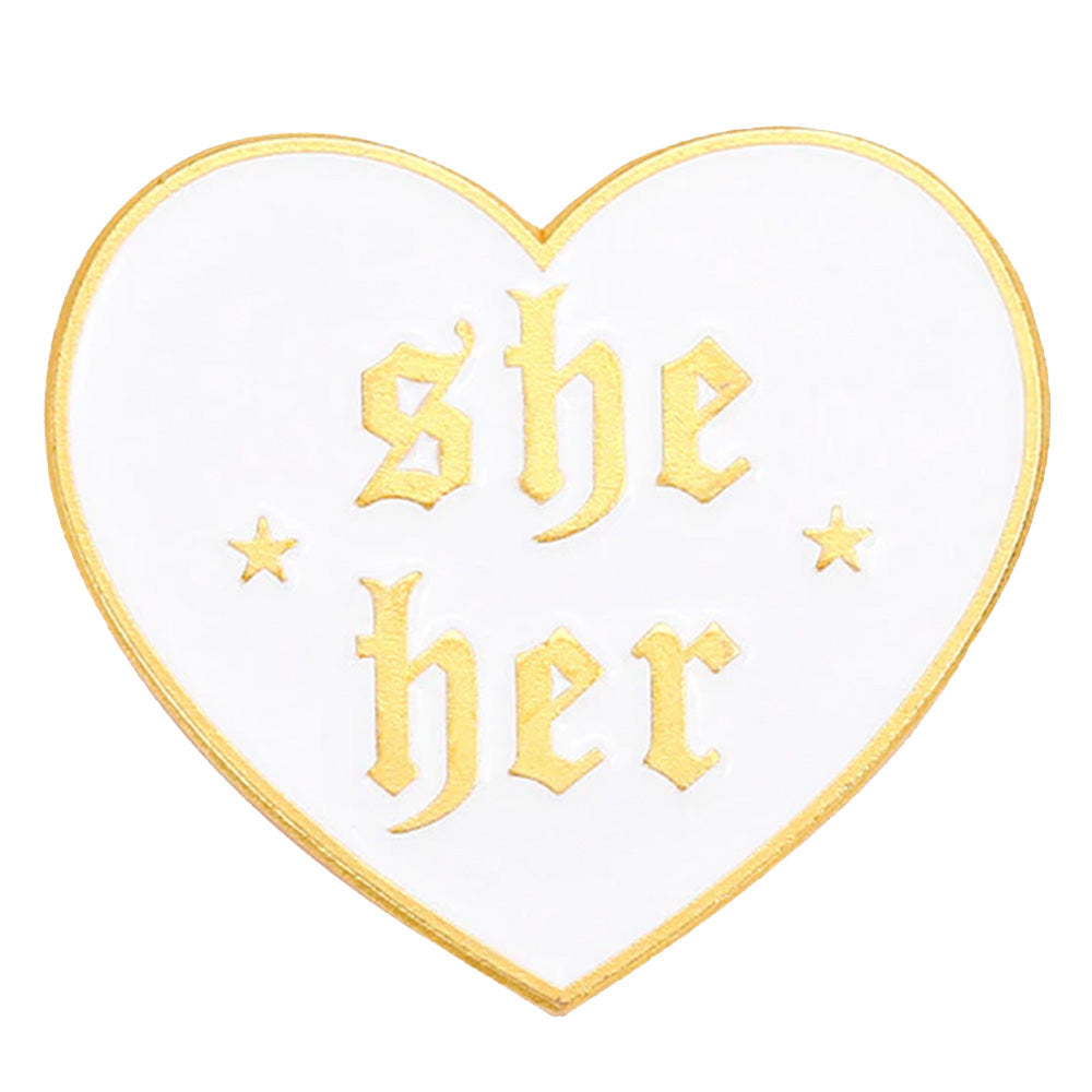 Pronoun Gothic White Metal Heart Pin - She/Her