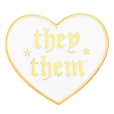 Pronoun Gothic White Metal Heart Pin - They/Them